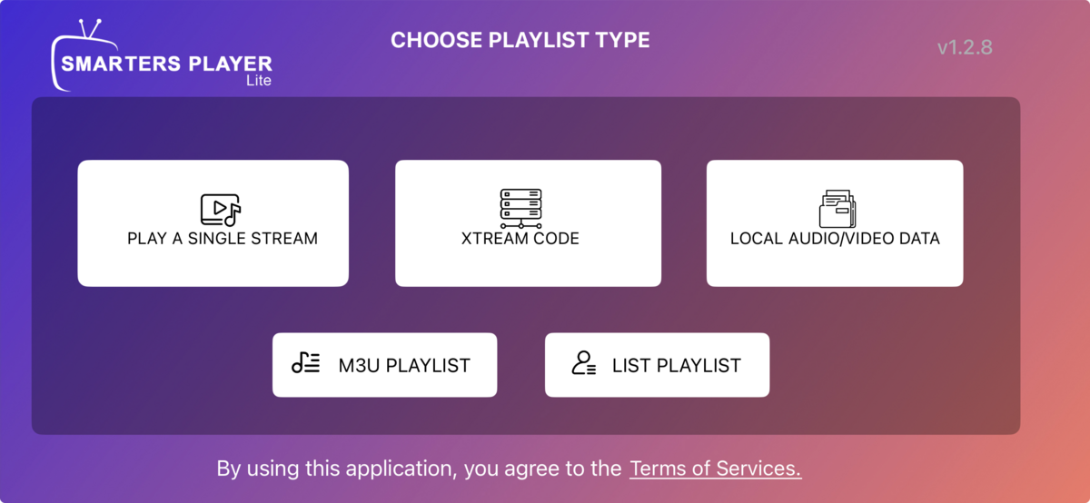 Pantalla «Choose Playlist Type» de Smarters Player Lite con la opción XTREAM CODE