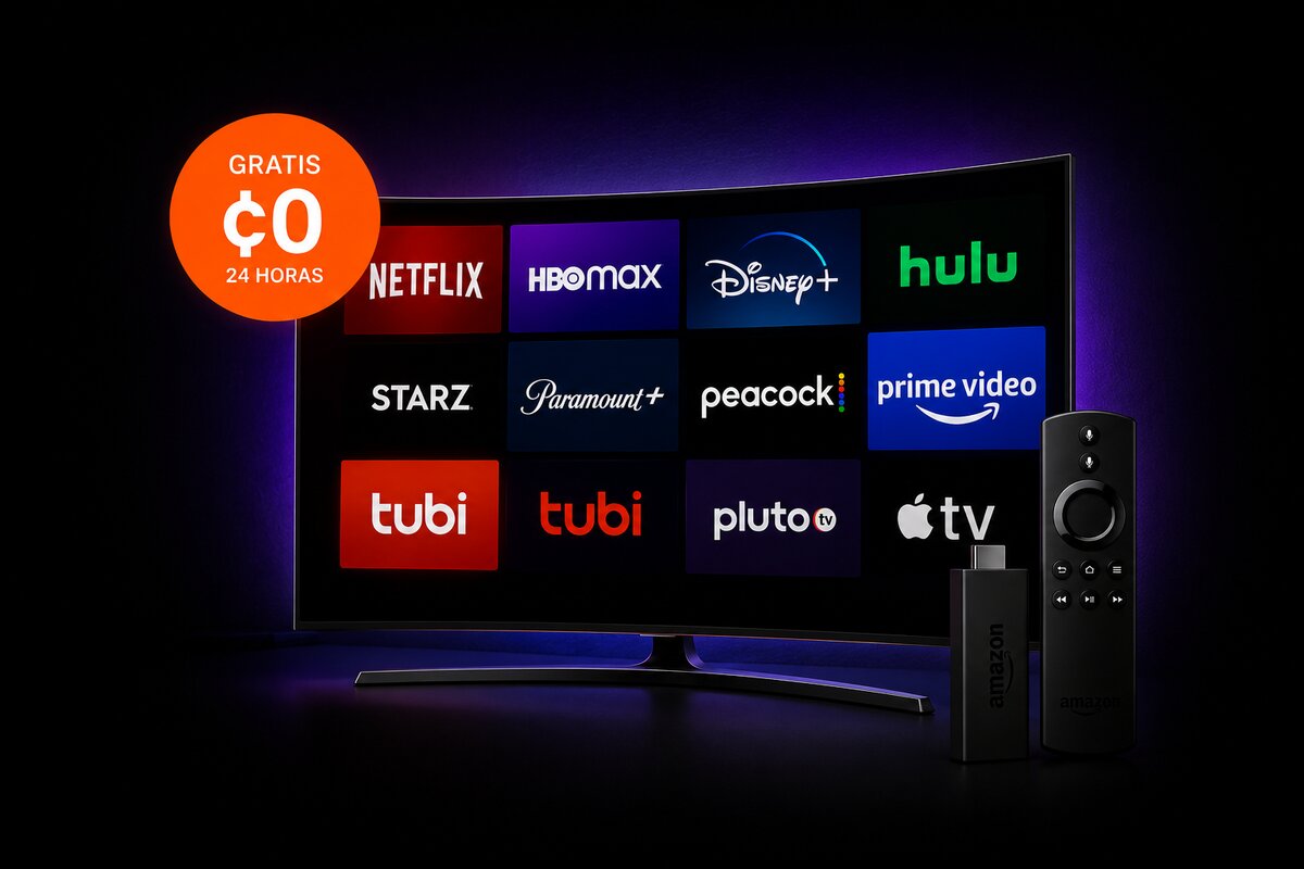 Televisor mostrando logotipos de servicios de streaming como Netflix, HBO Max, Disney+, Hulu, STARZ, Paramount+, Peacock, Prime Video, Tubi, Pluto TV y Apple TV, acompañado de un dispositivo Amazon Fire TV Stick. Incluye etiqueta de promoción 'Gratis ₡0 por 24 horas'