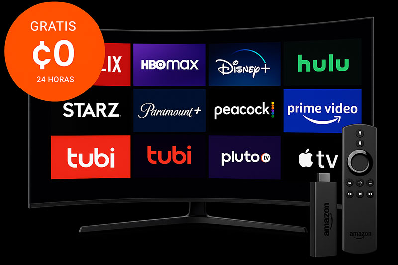 Televisor mostrando logotipos de servicios de streaming como Netflix, HBO Max, Disney+, Hulu, STARZ, Paramount+, Peacock, Prime Video, Tubi, Pluto TV y Apple TV, acompañado de un dispositivo Amazon Fire TV Stick. Incluye etiqueta de promoción 'Gratis ₡0 por 24 horas'